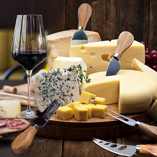 Vista 3 de Cuchillos de queso con cortador de queso, tenedor de queso, cuchillo para untar queso para tablas de embutidos y cubiertos, juego de 6 cuchillos