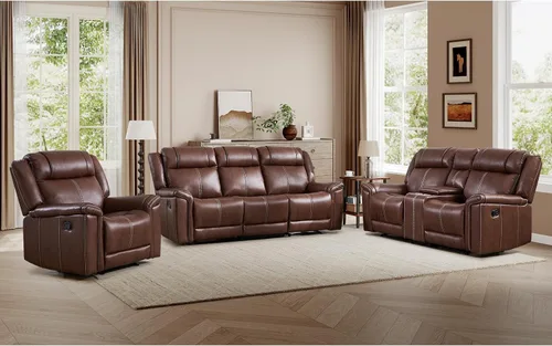 Vista 14 de EBELLO Sofá reclinable de cuero sintético de 3 plazas, sofá reclinable manual, silla de 3 asientos de estilo moderno de mediados de siglo con Marrón