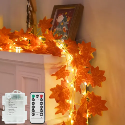 Vista 15 de Suddus 40 luces LED de Navidad con pilas, tira de luces de 12.5 pies con bayas rojas y hoja de acebo, temporizador remoto, guirnaldas artificiales