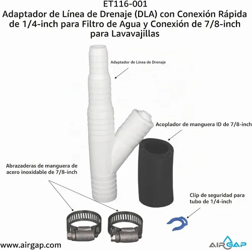 Vista 5 de Adaptador de línea de drenaje (DLA) con ajuste de conexión rápida de 1/4 pulgadas para un filtro de agua y ajuste de 7/8 pulgadas para un