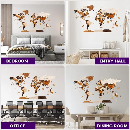 Vista 6 de HYPERI Decoración de pared de mapa del mundo de madera 3D multicapa, decoración de pared de arte de madera, mapa mundi para pared, mapas del mundo