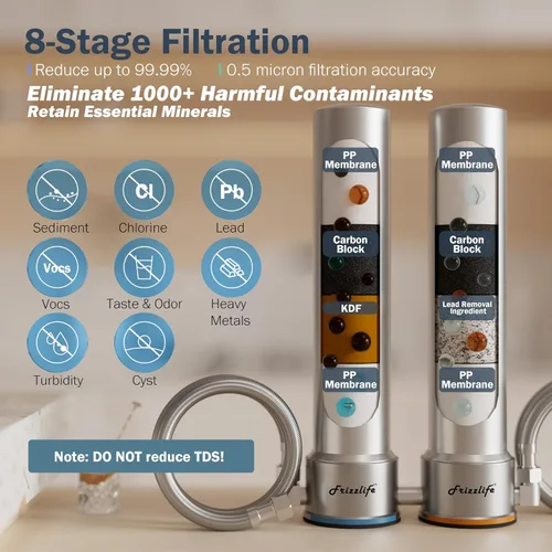 Vista 2 de Frizzlife UDS99 - Sistema de filtro de agua para debajo del fregadero, filtración de agua de conexión directa de 8 etapas, 0.5 micrones reduce