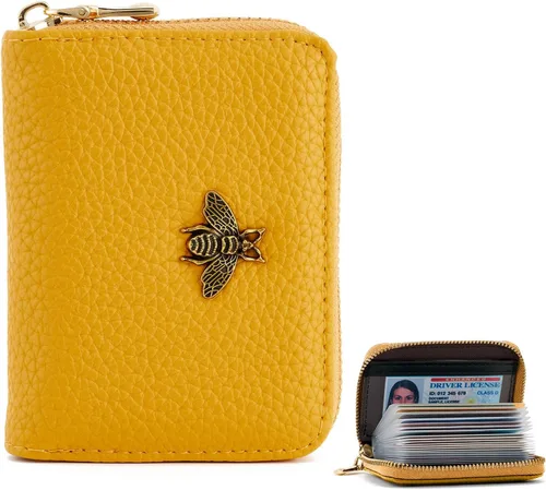 Vista 7 de WOZEAH Tarjetero de cuero para mujer, cartera con bloqueo RFID, con cremallera, tarjetero, para negocios, Negro, Sólido