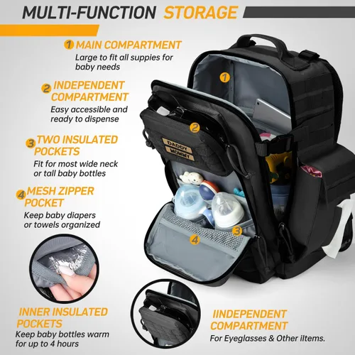 Vista 7 de SHARKMOUTH - Bolsa de pañales para papá para hombre, mochila militar para bebé con parches para senderismo, viajes, viajes de campamento, regalos