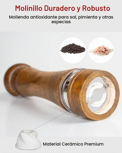 Vista 2 de Molinillo de sal de madera de 6 pulgadas, molinillo de pimienta manual recargable, grosor ajustable, molinillo de sal y pimienta, fácil de limpiar