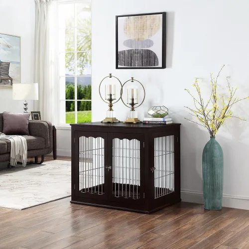 Vista 2 de unipaws - Mesa auxiliar estilo mueble con cojín para perros de 36 pulgadas, jaulas de alambre de madera para mascotas con puertas dobles, casa Marrón