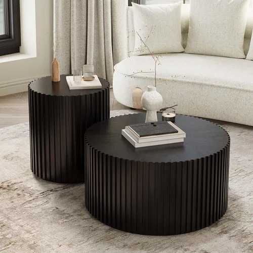 Vista 6 de POVISON Mesa auxiliar, mesa de centro redonda de madera, mesa auxiliar moderna para sala de estar, mesa de centro acanalada, color negro, totalmente
