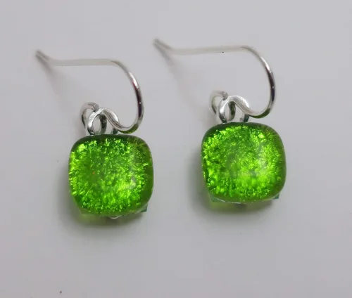 Vista 4 de Bright Chartreuse Green Fused Dichroic Glass Earrings Sterling Silver Earrings N334