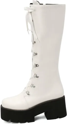 Vista 19 de Parisuit Botas góticas altas hasta la rodilla con hebilla de plataforma para mujer, tacón alto grueso, con cordones, botas de combate punk, con Negro