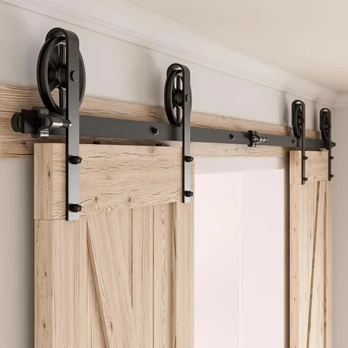Vista 8 de CCJH Kit de herrajes para puerta corrediza de granero de 4 pies, resistente, suave y silencioso, fácil de instalar, se adapta a paneles de una sola