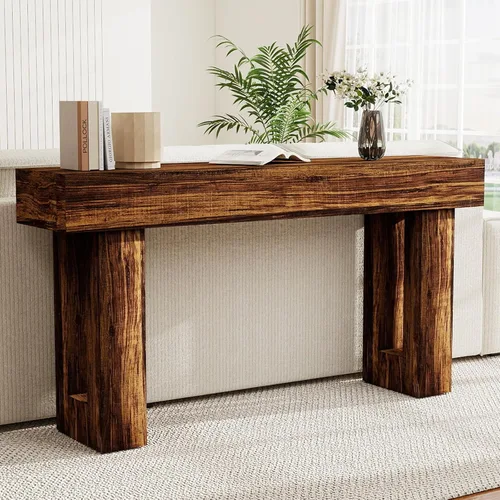 Vista 6 de Spaco Mesa Consola Larga de 63'', Mesa de Entrada Estilo Granja de 2 Niveles Mesa de Sofá con Almacenamiento, Mesa de Madera Detrás del Sofá