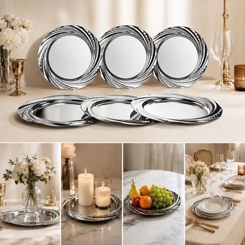 Vista 9 de ZENFUN Paquete de 6 platos de acero inoxidable, platos redondos para cena, platos de carga plateados, cargadores de cena en espiral de flores