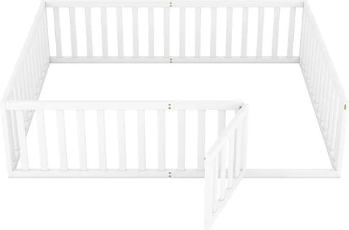 Vista 6 de Harper & Bright Designs Cama de suelo Queen con rieles, marco de cama de piso de madera con valla y puerta, para niños y niñas (blanco)