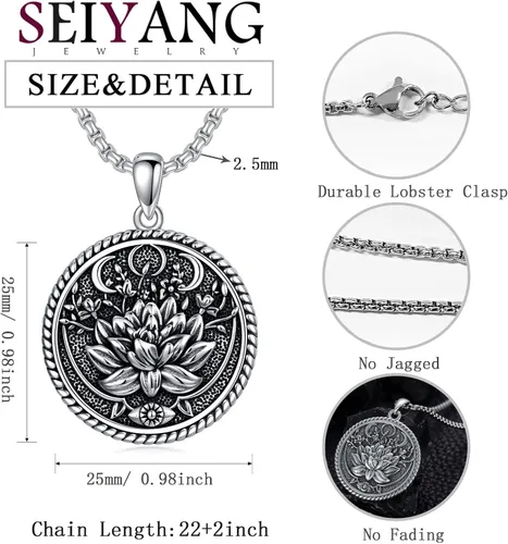 Vista 2 de Seiyang Collar de budismo de plata de ley 925 Om Lotus colgante de joyería para hombres y mujeres con cadena Rolo de 0.098 in 22+2 pulgadas