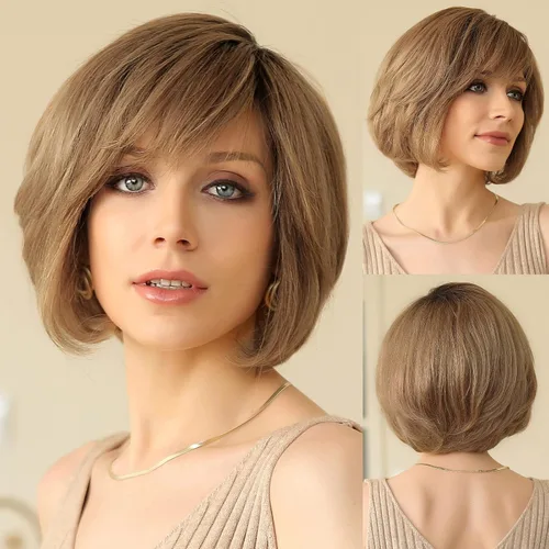 Vista 11 de EMMOR Peluca de encaje frontal atada a mano, pelucas de cabello 100% humano para mujer, peluca natural en capas, estilo ondulado diferente