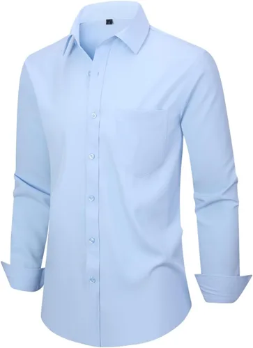 Vista 101 de corfty Camisa de vestir de manga larga para hombre, ajuste regular, elástica, sin arrugas, casual, con botones