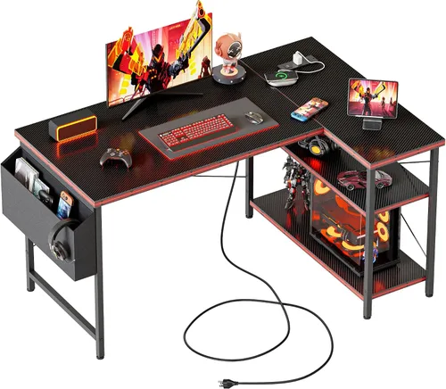 Vista 44 de Mericonia Escritorio pequeño en forma de L para computadora con tomas de corriente, escritorio de juegos para espacios pequeños, escritorio