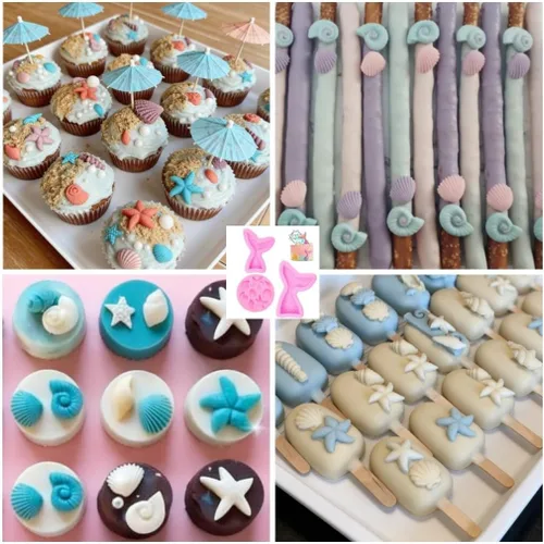 Vista 4 de Molde de silicona para tartas con temática de sirena, concha, estrella de mar, cola de sirena, molde para cupcakes para dulces, chocolate, fondant