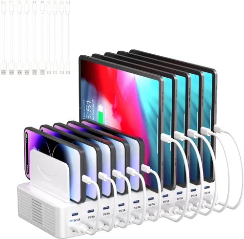 Vista 9 de Estación de carga de 270 W para múltiples dispositivos, estación de carga rápida USB de 20 puertos con divisores ajustables y 10 cables, base