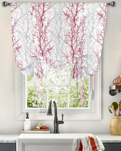 Vista 3 de Cenefa de amarre gris y rojo para cocina, sala de estar, cenefa de rama de árbol para ventanas, cenefa ajustable para ventana, bolsillo para barra