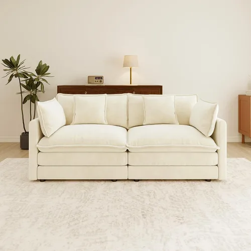 Vista 3 de Sofá Loveseat Grande en Beige y Blanco de 194.8 cm, Sofás Seccionales de 2 Plazas Grandes para Sala de Estar, Sofá Seccional Modular de Tela