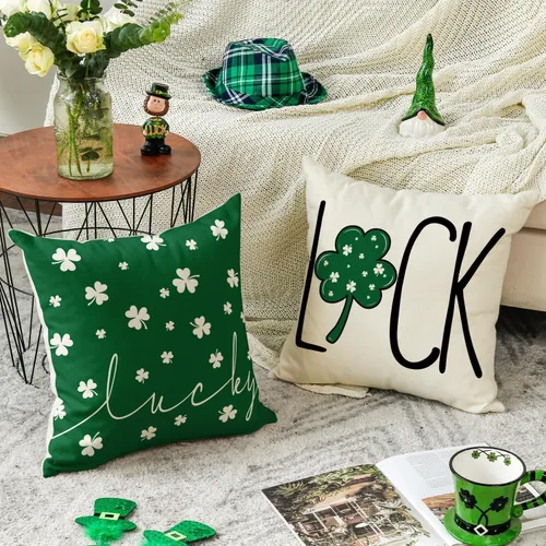 Vista 3 de AVOIN colorlife Juego de 4 fundas de almohada de trébol de la suerte del día de San Patricio, 16 x 16 pulgadas, decoración de la suerte verde