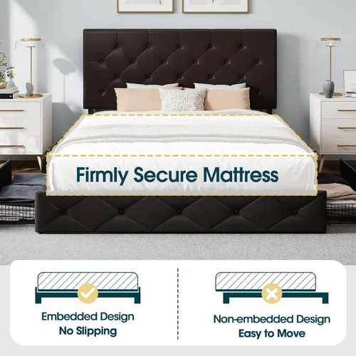 Vista 54 de WEEWAY Base de cama de plataforma tamaño King con 4 cajones de almacenamiento, cabecera capitonada con botones de costura de diamante, base de Negro