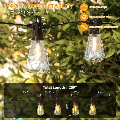 Vista 3 de Guirnalda de luces LED para exteriores, 25 pies, impermeables, para patio, con 12+1 bombillas Edison ST38 inastillables, luz colgante blanca cálida