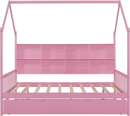 Vista 4 de Harper & Bright Designs Cama de casa de tamaño matrimonial con nido, marco de cama matrimonial de madera con compartimento para estantes, cama