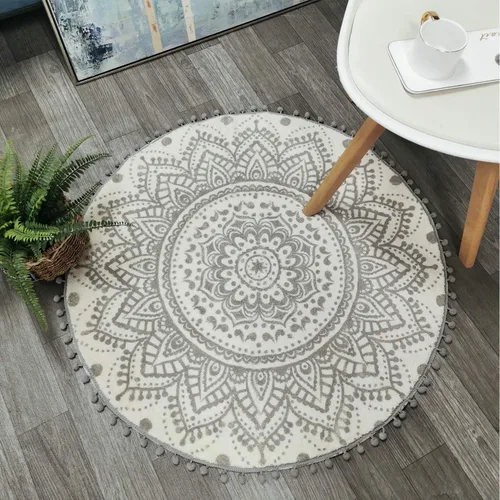 Vista 12 de Uphome Alfombra Redonda Pequeña de 2' Boho Beige y Gris Alfombra de Baño con Pompones y Flecos Lavable Mandala Círculo Tapete de Ducha Suave Mandala