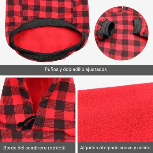 Vista 3 de Sudadera con Capucha a Cuadros Rojos para Perros, Ropa para Mascotas con Capucha y Bolsillo (XS)