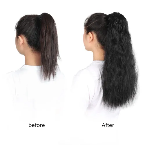 Vista 7 de Extensiones de cola de caballo negras, colas de caballo rizadas con clip, 22 pulgadas, 3.5 onzas, extensión de cabello sintético envolvente del pelo