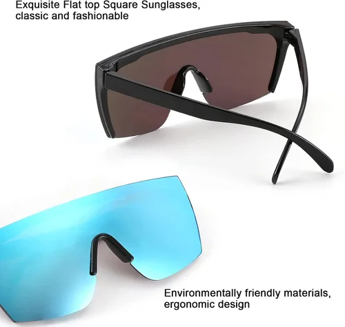 Vista 4 de FEISEDY Gafas de sol sin montura de gran tamaño con espejo para mujeres y hombres, con parte superior plana, escudo cuadrado UV400 B2761, 70mm