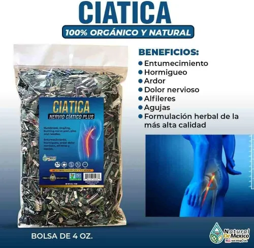 Vista 2 de Ciatica Compuesto Herbal Te 4 oz. Nervio Ciatico Plus Nervio Ciático Plus Dolor Natural