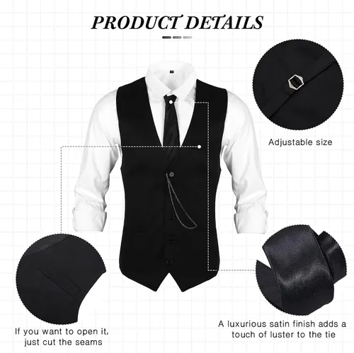 Vista 3 de Disfraz de los años 20 para hombre, atuendo con accesorios, chaleco de gángster de Gatsby, sombrero de fieltro, reloj de bolsillo vintage, tirantes