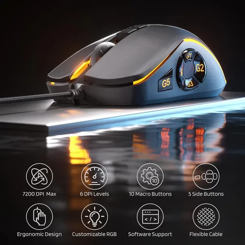 Vista 2 de LTC MKM051 MMO Mouse para juegos, 10 botones programables, 7200 DPI, mouse RGB con cable, construcción ergonómica de agarre natural, 5 teclas macro