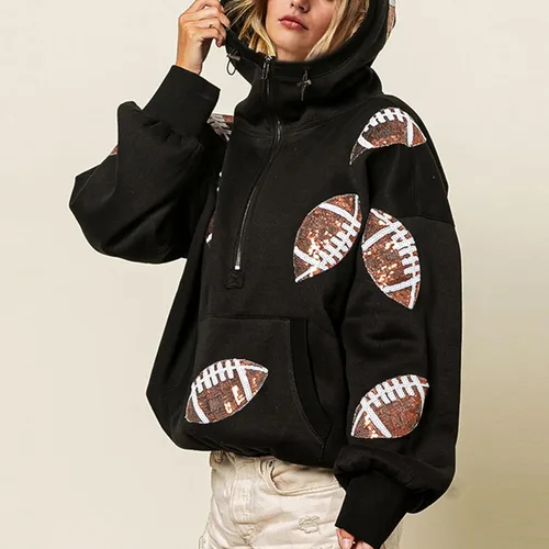 Vista 22 de SeekMe Sudaderas con capucha de lentejuelas para mujer, para el día del partido, suéteres de manga larga con cremallera y bolsillo