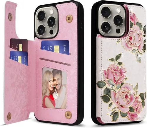 Vista 16 de UEEBAI Funda tipo cartera para iPhone 13 con tarjeteros, piel sintética, diseño floral, función atril, bloqueo RFID, doble cierre magnético, funda