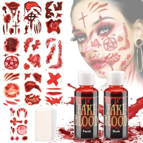 Vista 5 de Kit de sangre falsa Halloween tatuaje pegatinas herida gasa (Blood+Tatuaje S)