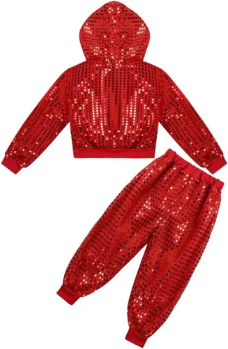 Vista 4 de inhzoy Conjunto de lentejuelas para niña, danza callejera, hip hop, danza, rendimiento, con capucha y pantalones de harén