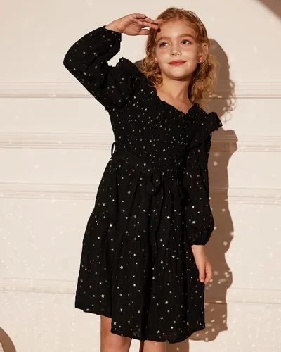 Vista 4 de GRACE KARIN Vestido de otoño para niñas, de manga larga, con volantes, escalonado, brillante, vestido de fiesta de invierno para niñas, talla 5-12