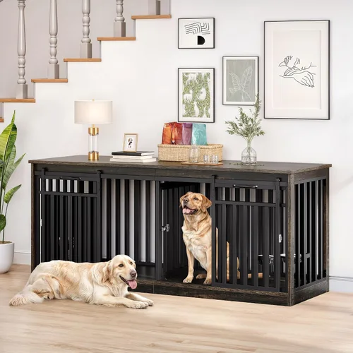 Vista 2 de DWVO Mueble de jaula doble para perros de 71" para 2 perros medianos, perrera doble de madera resistente soporte de TV con puertas correderas, mesa