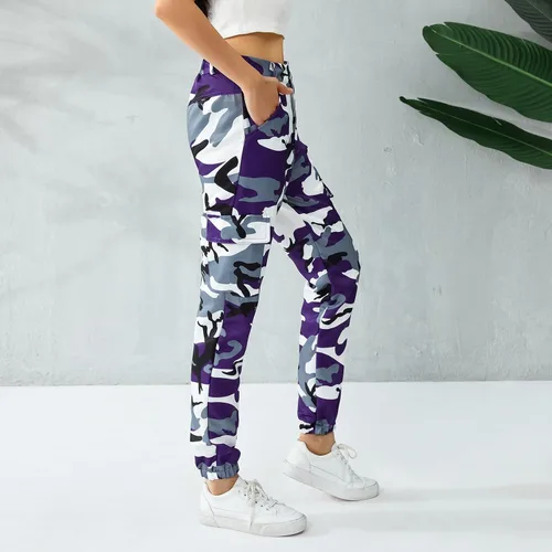 Vista 4 de Nituyy Pantalones cargo de camuflaje para mujer, pantalones de camuflaje de cintura alta, ajustados, pantalones deportivos holgados con bolsillo