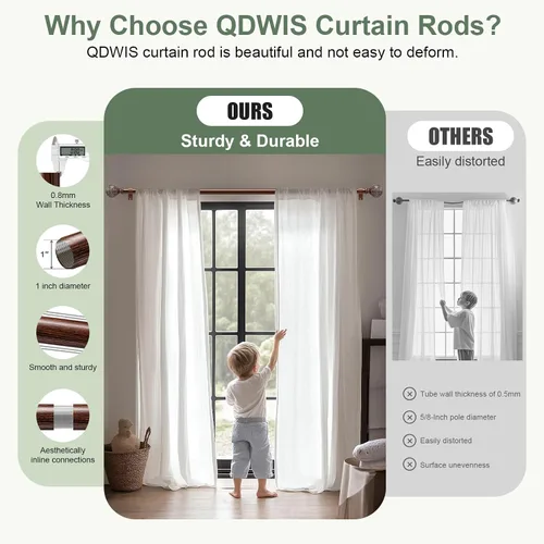 Vista 4 de QDWIS Barras de cortina de madera para ventanas de 28 a 48 pulgadas, barras de cortina de 1 pulgada de diámetro con remates de patrón de hojas