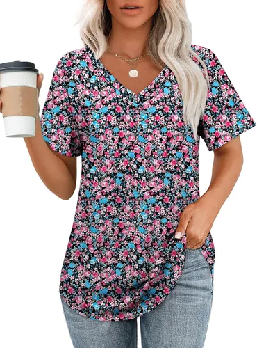 Vista 27 de OFEEFAN Camisetas básicas de manga corta con cuello en V para mujer, ajuste holgado, con dobladillo curvado B-verde