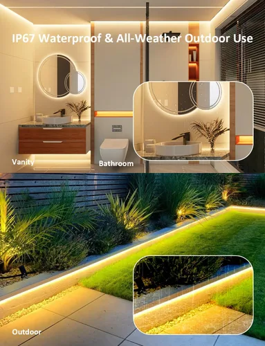 Vista 3 de Tira de luces LED COB de 20 pies para exteriores IP67 impermeable, 6M, CC flexible 24V, control remoto y aplicación, regulable, blanco cálido 3000