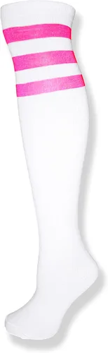 Vista 6 de NEON NATION Calcetines de tubo unisex blancos hasta la rodilla con varias rayas de colores Blanco con rayas azules bebé