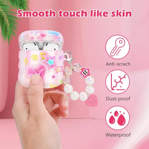Vista 5 de Bonita funda para AirPods con colgante de amor, llavero de cuentas redondas coloridas, diseño de estrellas 3D con purpurina, funda protectora suave