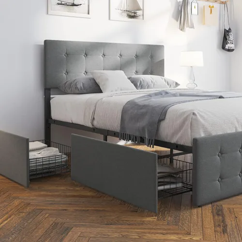 Vista 6 de GAOMON Base de cama de tamaño matrimonial con 4 cajones de almacenamiento y cabecero, base de colchón tapizada con plataforma completa, base
