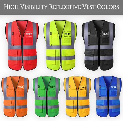 Vista 2 de Chaleco de seguridad personalizado para hombre con bolsillos con logo, chalecos reflectantes de alta visibilidad para construcción, ropa